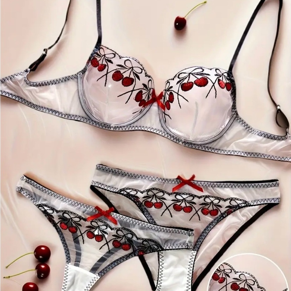 Cherry Embroidered Lingerie Set, Black, Red & White, NEW, 3 pcs. - Picture 1 of 9